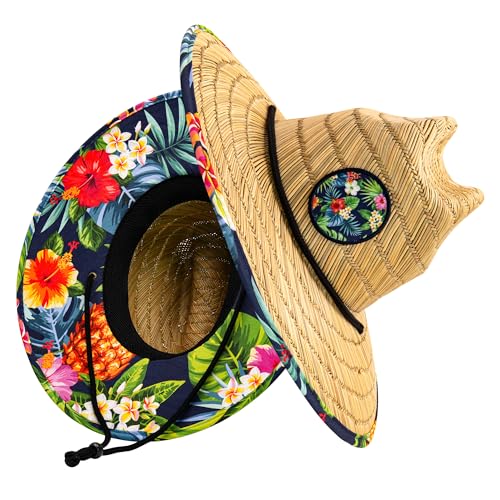 grinderPUNCH Straw Sun Hat for Men Women Wide Brim Beach Fishing UPF 50 - color: Tropical Pineapple