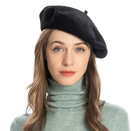 ZLYC Wool French Beret Hat Solid Color Classic Artist Cap for Women - color: Black