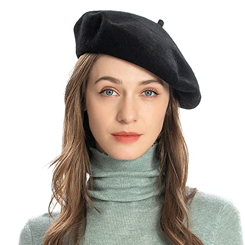 ZLYC Wool French Beret Hat Solid Color Classic Artist Cap for Women - color: Black
