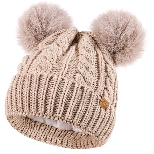Women's Winter Hat Soft Knit Beanie with Faux Fur Pom Hat with Warm Fleece Lining Skull Cap for Women - color: Oat
