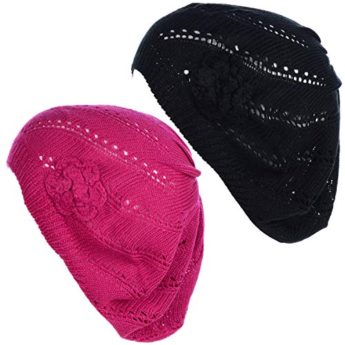BYOS Chic Parisian Style Soft Lightweight Crochet Cutout Knit Beret Beanie Hat - color: 2-pack Swirl Fuchsia & Black