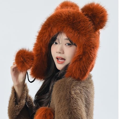 Winter Faux Fur Hat with Ears Flaps Fluffy Bear Beanie Cap Animal Lovers Gift - color: Orange