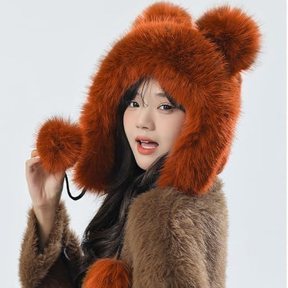 Winter Faux Fur Hat with Ears Flaps Fluffy Bear Beanie Cap Animal Lovers Gift - color: Orange