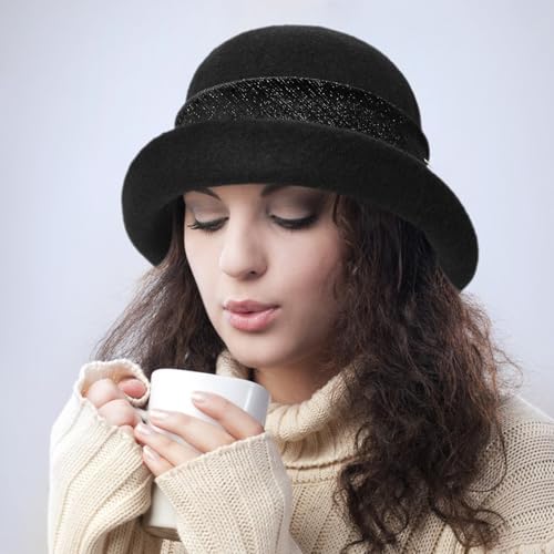 Women Vintage Cloche Bucket Hat Elegant 1920s Wool Fedora Church Derby Party Winter Packable Hats - color: Black