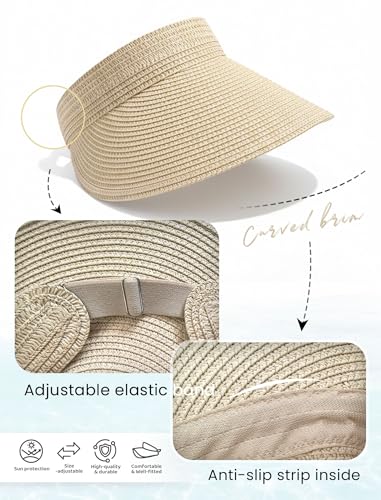 CHUNG Women Visor Sun Hat Paper Straw Wide Brim Adjutable Ponytail Packable Beach Holiday Summer Travel - color: V-beige