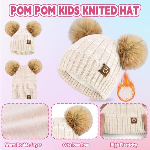 Kids Winter Hat Gloves Scarf Set Girls, Children Beanies Hats with Pom Pom - color: Beige Mix