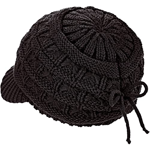 BYOS Womens Winter Chic Cable Warm Fleece Lined Crochet Knit Hat W/Visor Newsboy Cabbie Cap - color: Basket Woven-black