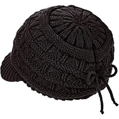 BYOS Womens Winter Chic Cable Warm Fleece Lined Crochet Knit Hat W/Visor Newsboy Cabbie Cap - color: Basket Woven-black
