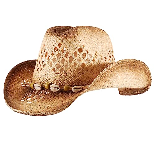 Straw Cowboy Cowgirl Hats for Women Men Summer Beach Hat Shapeable Brim - color: Open - Shell Beads