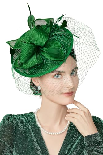BABEYOND Fascinators Hats for Women Pillbox Kentucky Hat with Feather Veil - color: Green