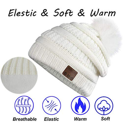 Wireless Music Beanie Women Beanie Girls Hat Over Ear Headset Sports Stereo Headphone with Microphone Speaker Womens Beanie Cap Snow White - color: Snow White