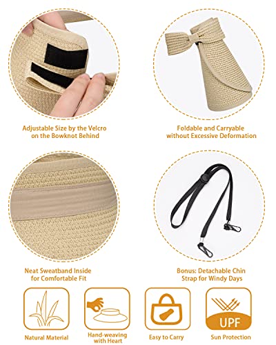 MAYLISACC Foldable Straw Sun Visors for Women, Sun Protecetion Wide Brim Sun Hats Adjustable Topless Beach Hat - color: Beige (1 Pcs)