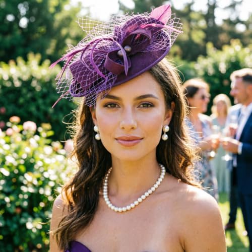 DRESHOW Fascinators Hats for Women Tea Party Hat Vintage Derby Pillbox Kentucky Hat Church Cocktail Headwear - color: 9.5" Diameter / Dark Purple