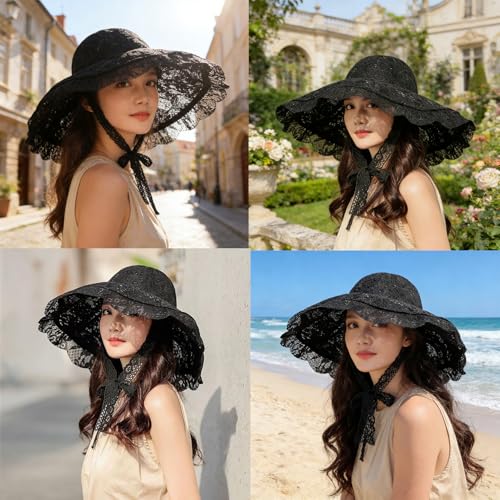 Women Lace Beach Church Sun Hat Wide Brim Travel Bucket Fishing Hat - color: Black