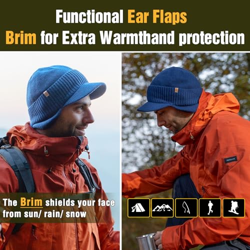 TOP-EX DryKnit™ 80% Merino Wool Waterproof Warm Brim Beanie with Ear Flaps - color: Navy (Waterproof), size: Medium-Large