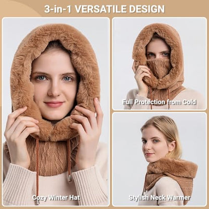 Women’s Knitted Beanie Hat with Face Cover - 3 in 1 Winter Balaclava with Mask Scarf Ear Muffs Pompom Fleece Lined Snow Caps - color: Yellow-c