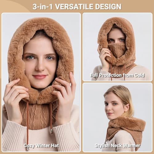 Women’s Knitted Beanie Hat with Face Cover - 3 in 1 Winter Balaclava with Mask Scarf Ear Muffs Pompom Fleece Lined Snow Caps - color: Grey-c
