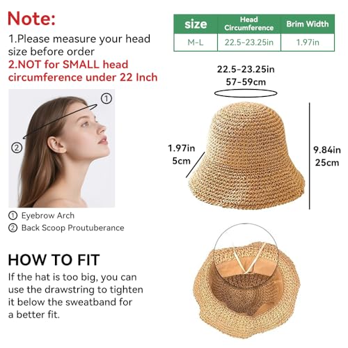 Women Sun Hat Hand-Woven Packable Beach Bucket Hat Summer Floppy UV Protection Hats - color: Khaki