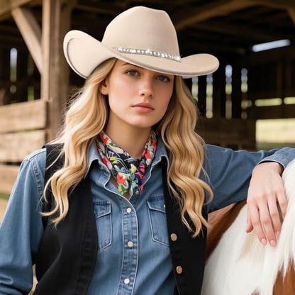 DRESHOW Western Cowboy Hat for Women and Men Wide Brim Glitter Cowboy Cowgirl Hat with Rhinestone Felt Fedora Hats - color: 1 Pack Style 10: Off-white