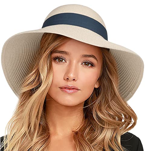 FURTALK Womens Beach Sun Straw Hat Wide Brim UV Protection Travel Hat - color: Beige-sky Blue, size: Large-X-Large