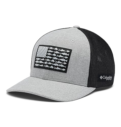 Columbia Unisex Adult PFG Logo Mesh Ball Cap - color: Cool Grey Heather/Grill/US Fish Flag, size: Large-X-Large