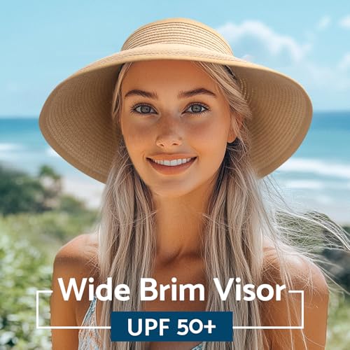 NPJY Sun Hats for Women Wide Brim Roll-Up Ponytail Packable Straw Visor - color: Black