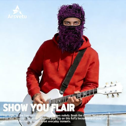 Distressed Ski Mask Balaclava, Yeat Shiesty Knitted Full-Face Mask - color: Purpleblack