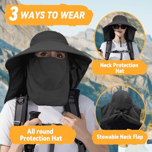 Sun Hats for Men Women Detachable Face Cover Wide Brim Fishing Hats with Neck Flap UPF 50+ Outdoor Safari Hats - color: Black