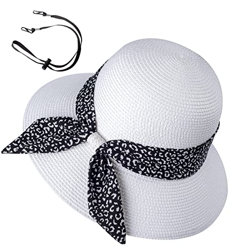 Womens Straw Sun Hat Summer Beach Wide Brim UV Protection Hats with Chin Strap Floppy Foldable Cute Bowknot UPF 50 Cap - color: Leopard White