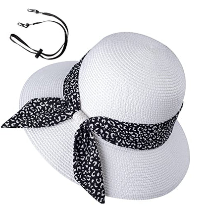 Womens Straw Sun Hat Summer Beach Wide Brim UV Protection Hats with Chin Strap Floppy Foldable Cute Bowknot UPF 50 Cap - color: Leopard White