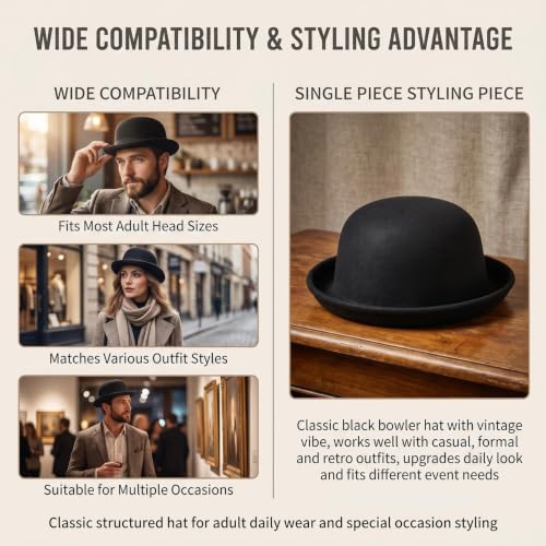Rolled Brim Bowler Hat Soft Cotton Felt Round Hat Black