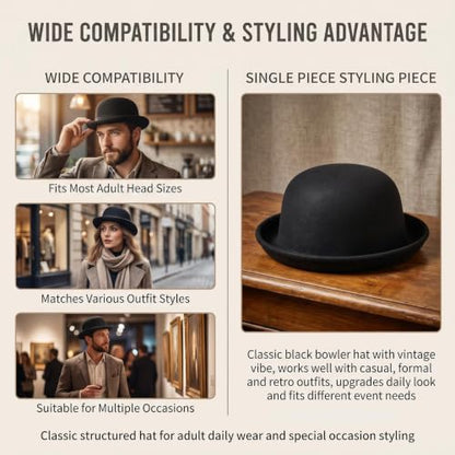 Rolled Brim Bowler Hat Soft Cotton Felt Round Hat Black