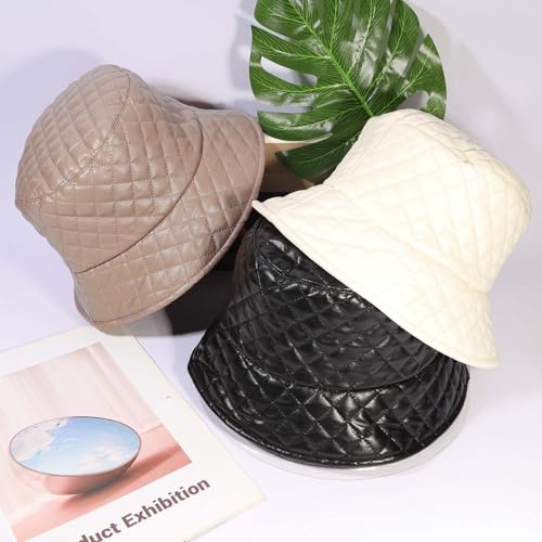 MILAKOO Warmly Quilted Bucket Hat for Women Men Rhombus-Grid Fisherman Cap Retro Plaid Puffer Hearwear - color: White