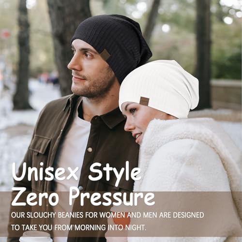 HAMUNI Slouchy Beanie for Men Women Soft Lightweight Chemo Headwear - color: Black+white