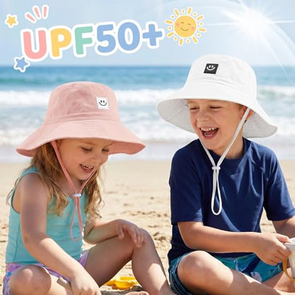 Kids Sun Hat Smile Face Bucket Hat Toddler Hat Wide Brim Adjustable Strap - color: Pink+white, size: 3-8T