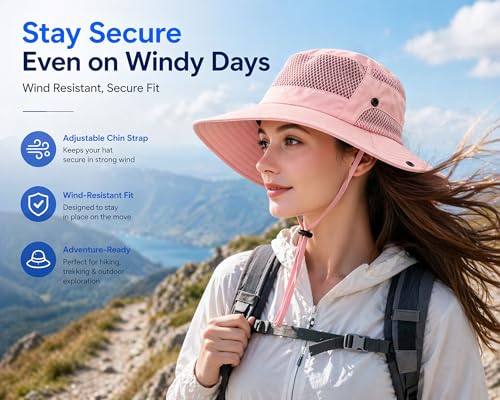 Sun Bucket Hat for Men Women Wide Brim UPF 50+ UV Protection Waterproof - color: Pink