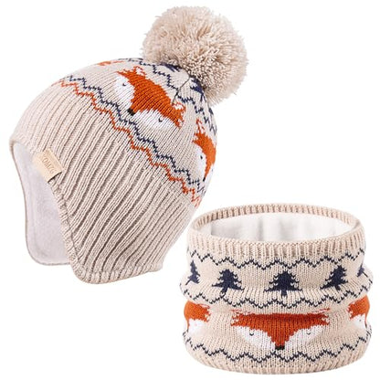 Beanie Knit Hats for Toddlers with Earflap Fleece Lined Hat Kids Warm Winter Hat Scarf Set Children's Thick Ski Cap - color: Fox-beige+scarf