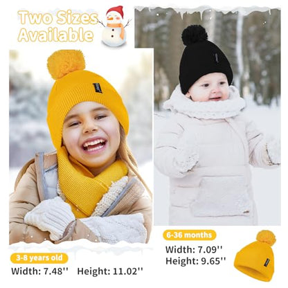 Zando Toddler Winter Hat & Pom Pom Beanie, Double Layer Knit Cap for Boys & Girls - color: Yellow, size: 3-8 Years