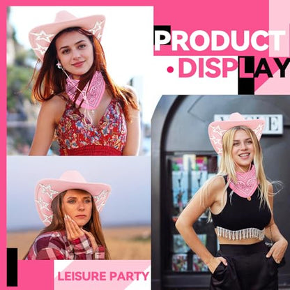 SHENYI Cowgirl Hat and Bandana and Heart Sunglasses Glitter Rhinestone Star Cowboy Hat Western Sparkly Hats for Women Men - color: Cowgirl Pink