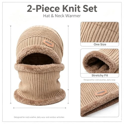 Khaki Knit Balaclava Hat Fleece Lined Winter Neck Warmer Set