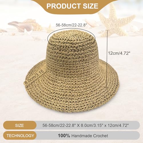 Woven Straw Hat for Women Foldable Summer Beach Hat Wide Brim Floppy Bucket Hat - color: Khaki