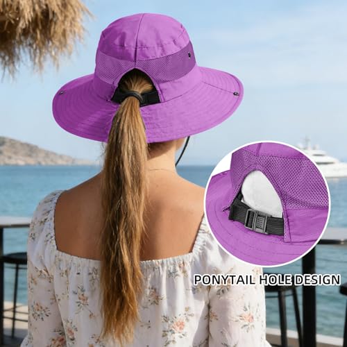 Rosoz Ponytail Sun Bucket Hats for Women UV Protection Foldable Wide Brim - color: 1 Pack-pure Purple