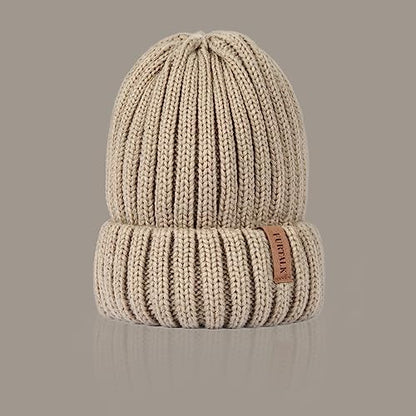 Fleece Lined Beanie Cable Knit Chunky Beanies Womens Snow Cap - color: Khaki