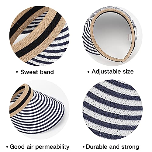 Women Summer Sun Hat Lady's Portable Beach Visor Bowknot Straw Hat - color: Navy Stripe