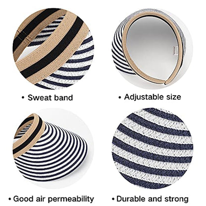Women Summer Sun Hat Lady's Portable Beach Visor Bowknot Straw Hat - color: Navy Stripe