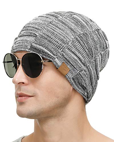 Vgogfly Slouchy Beanie for Men Winter Hats for Guys Cool Beanies Mens Lined Knit Warm Thick Skully Stocking Binie Hat Pairs - color: Light Grey / Navy