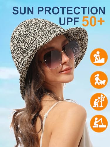 sy soul young Women's Straw Sunhat Wide Brim Hand Woven Beach Bucket Hat - color: Beige & Black