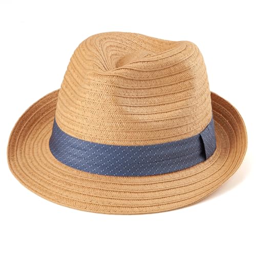 LADYBRO Straw Trilby Hat for Men Summer Sun Fedoras Beach Panama Adjustable - color: 007 Khaki, size: Large-X-Large