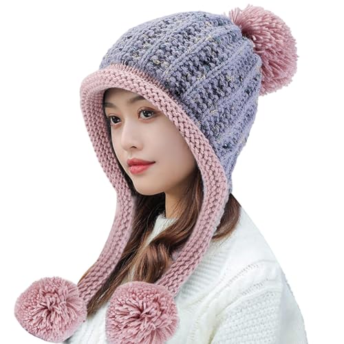 HUAMULAN Women Winter Sherpa Knit Beanie Hat Fleece Lined Ear Flaps - color: Lightgray