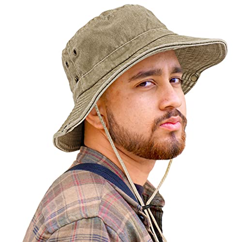 Unisex Cotton Boonie Hat Summer Fishing Bucket Hat Sun Hat with String - color: Retro Khaki